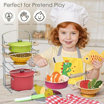 Golray Play Kitchen Accessories, Kids Kitchen Playset Pretend Cookware Including Pots and Pans Set, Cooking Utensils, Organizer, Condiments, Apron & Gloves, Birthday Gifts for Girls Boys Toddlers