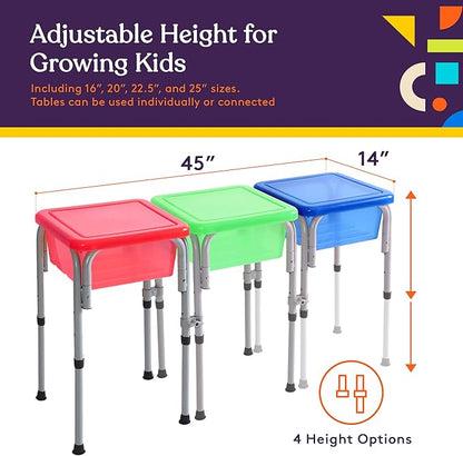 Special Supplies Sensory Activity Table for Kids and Toddlers -with Plastic Buckets and Beach Toys for Interactive Learning - Water, Sand, and STEM Play (Three Buckets - Green + Blue + Red)