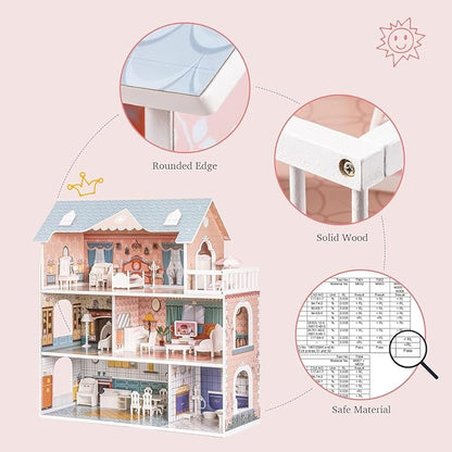 ROBUD Wooden Dollhouse for Kids Girls, Toy Gift for 3 4 5 6 Years Old, with Furniture