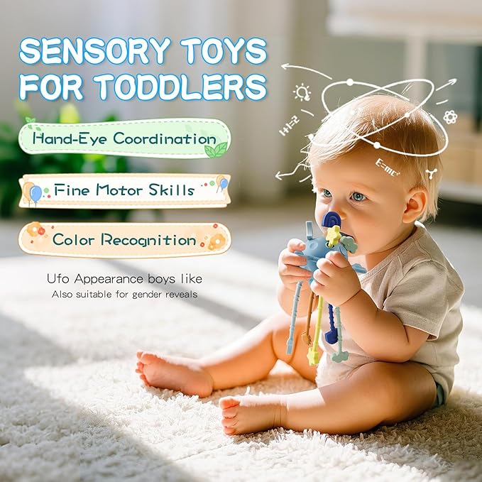Food Grade Silicone Pull String Baby Toy, Montessori Pull String Sensory Toy for 6-12-18 Months Babies Teething Toys,Toddler Fidget Toys Birthday Gift for Infant/Toddler