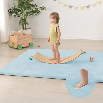 Baby Play Mat for Floor,1.3" Thick Elasti-Foam 50"×74" Playpen Mat for Tummy Time,Water Repellent Soft Coral Velvet for Toddler,Infant,Kids,Non-Slip Backing Safe for Crawling(Light Blue)