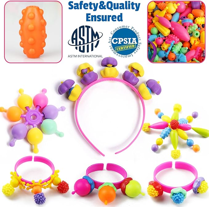 FUNZBO 850pcs Pop Beads - Jewelry Making Kit for 3 4 5 6 7 8 Year Old Little Girls, Arts and Crafts Toys for Kids, Necklace Bracelet Ring Hairband Creativity Snap Set Holidays Birthday Gifts