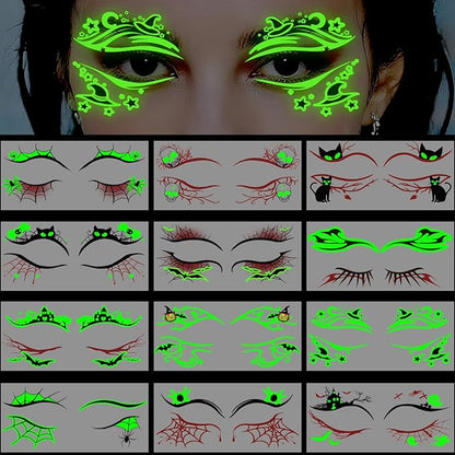 Glow in Dark Halloween Eyeliner Temporary Tattoos for Adults, 12 Pairs Luminous Eyes Fake Tattoos, Gothic Spooky Designs with Spiders Web, Bats, Cats, Skulls, Black