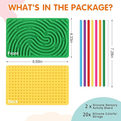 2pcs Sensory Activity Board, Double-Sided Silicone Fidget Toys for Kids 3+ & Adults, Sensory Toys for Anxiety, ADHD, Autism, Calming, Includes Travel Bag & 20 Strings, Yellow & Green