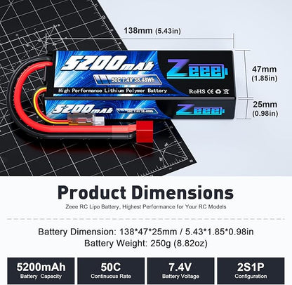 Zeee 7.4V Lipo Battery 2S 50C 5200mAh Lipos Hard Case with T Connector for RC Car Trucks 1/8 1/10 RC Vehicles(2 Packs)
