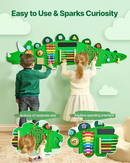 VEVOR Dinosaur Activity Busy Board Wall, 11 Activities Board, Montessori Sensory Wall Panel for Kids 3-12 Years, Sensory Activity Panel, Ideal for Toddler Playroom Nursery Classroom