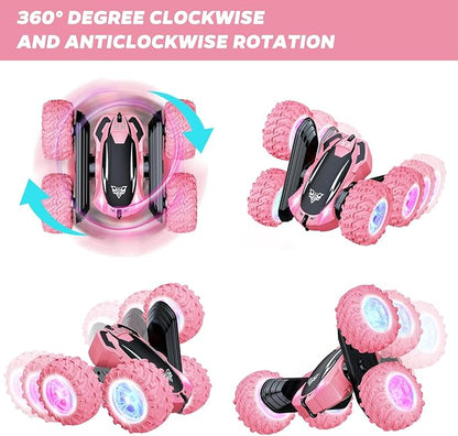 Remote Control Car, 2.4GHz RC Stunt Car, Double Sided 360° Rotating RC Cars with LED Headlight & LED Wheel, High Speed Off Road RC Crawler Xmas Gift for 3 4 5 6 7 8-12 Year Old Girls Toys (Pink)