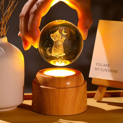 3D Cat Crystal Ball 2.36“ Engraved with Rotated Wood Base, Cat Lover Gifts for Women Girls Mothers Day Birthday Cats Decorative Globe Decor (Gifted Box)