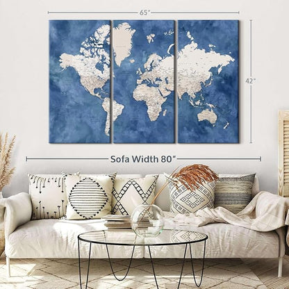 ElephantStock Detailed World Map With Cities I Wall Art - Horizontal Canvas - 3-Piece Living Room Decor - Watercolor Map Canvas Print - Beige and Blue Wall Decor by Blursbyai - 65" X 42"