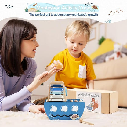 let's make Wooden Activity Cube 8-in-1 Montessori Toys Includes Object Permanent Box Early Learning Activity Cube Montessori Sensory Toys for Toddler Baby First Birthday Gifts