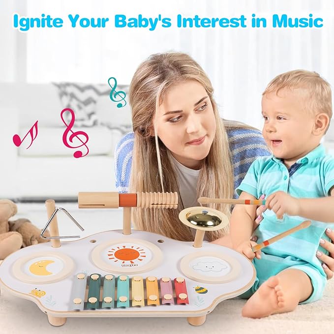 Kids Drum Set - 9 in 1 Baby Drum Set for Toddlers - Montessori Musical Instruments Toy for Babies - Wooden Xylophone Musical Toys for Boys and Girls