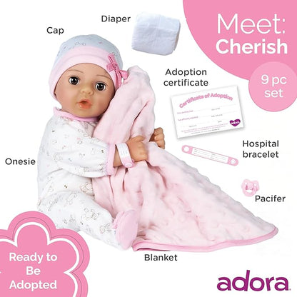 Adora 16 Inch Girl Baby Doll with Accessories Purple Matching 9-Piece Set Including a Pacifier, Hospital, Bracelet, Diaper, and More Gift for Toddlers Ages 3+ Adoption Babies Collection - Cherish
