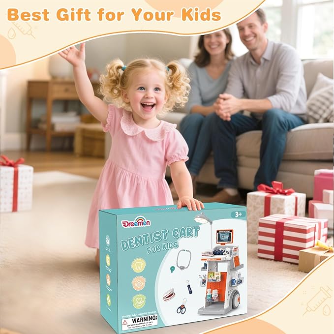 Dreamon Doctor Kit for Todders 3-5 Pretend Play Toys - 29 Pcs Kids Dentist Cart Play Set with Light and Costume - Role Play Medical Toy for 3+ Year Old Boys and Girls Christmas Birthday Gifts
