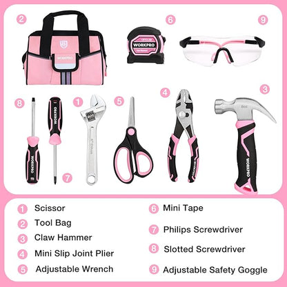 WORKPRO 9-Piece Kids Real Hand Tool Set, Pink Junior Tool Kit with Storage Bag for Boys, Girls, Children DIY Building and Woodworking, Age 8+