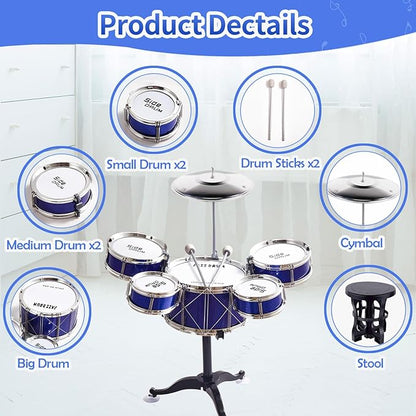 Tinylife Kids Drum Set, Toddlers Musical Toys Drum Kit with 5 Drums, Stool, Sticks and Cymbal Kids Musical Instruments Toy Set for 2 3 4 5 Year Old Boys Girls Gifts