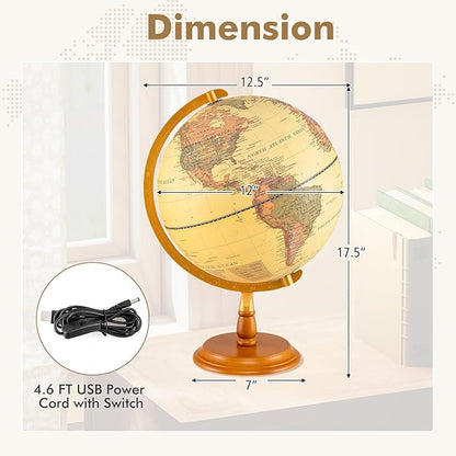 COSTWAY 12” Illuminated World Globe, Geography Educational Globe with Built-in LED Night Light, Wooden Stand, Clear Map for Kids & Adults Learning, Desktop Globes for Students, Decoration (Bronze)