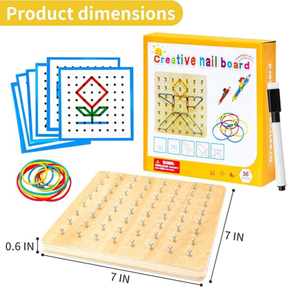 HEELWIRE Wooden Geoboard,Montessori Toy,Graphical Mathematical Education Toy for Kids with Pattern Cards and Rubber Bands to Figures and Shapes, Brain Teaser STEM Toy Geo Board (7 * 7 * 0.6 in)