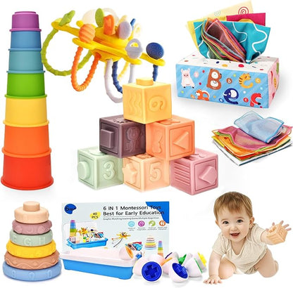 Montessori Toys for Baby 6 Month Old,Baby Toys 6-9-12 Months,6 in 1 Montessori Sensory Toys for 1 Year Old,Stacking Blocks,Tissue Box Toys for Toddlers Birthday Halloween