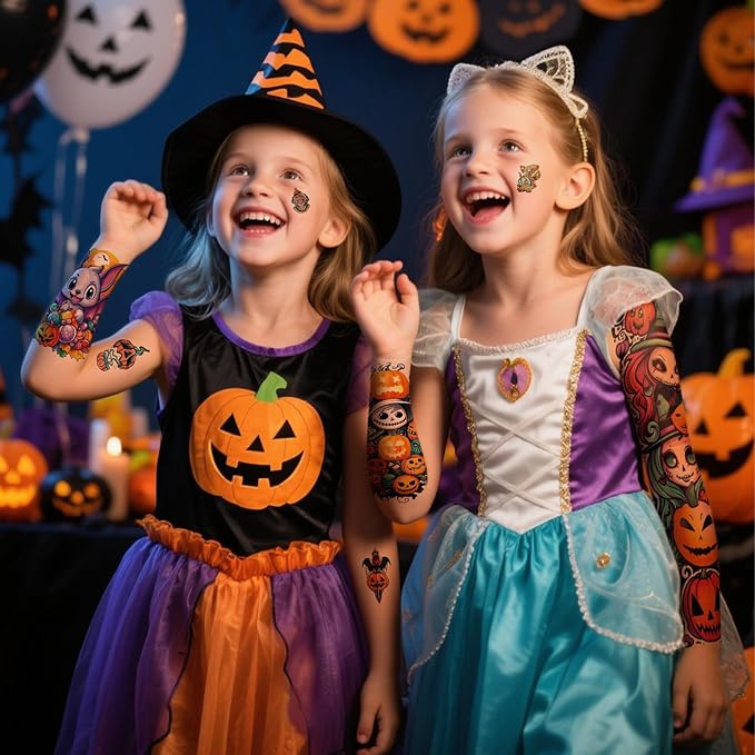 Halloween Temporary Tattoos for Kids, 52 Sheets Full Arm Sleeve Halloween Fake Tattoos for Boys and Girls, Ghost Pumpkin Witch Pattern for Halloween Party Favors