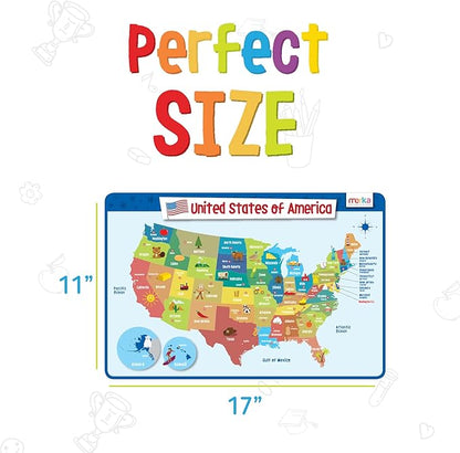 Merka Kids Educational Placemat Set 4-Pack - 17 x 11 in Multicolor Silicone - Washable & Reusable with Secure Grip Backing - Map Placemats for Kids, Solar System, Human Body, World & US Map