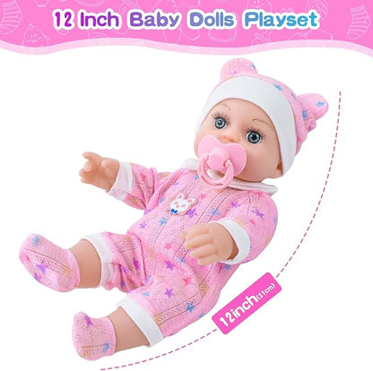 12" Baby Doll in Gift Box with Pink Backpack, Cloths, Feeding Bottle and Pacifier, First Baby Dolls for Toddlers 3 Years and Up