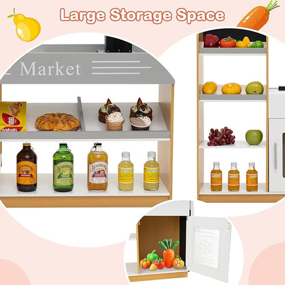 HONEY JOY Kids Grocery Store Playset, Wooden Play Store with Shopping Cart, Toddler Supermarket Checkout Stand w/Blackboard, Display Shelves, Grocery Store Pretend Play, Gift for Boys Girls, Natural