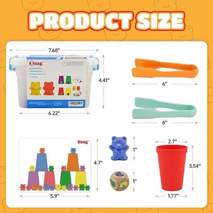 Bmag Counting Bears with Matching Sorting Cups,Pre-School Math Learning Games with 2 Dices,Color Recognition STEM Educational Toy for Toddler Bonus Tweezers, Storage Box, Activity Cards