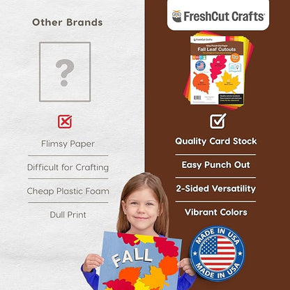 120 Pieces Fall Leaf Paper Cutouts with IDEA Guide, 2-Sided US Made Card Stock Punch Out Maple, Oak, and Birch Leaves for Bulletin Boards, Classroom Decor, Autumn Crafts, DIY Scrapbook, and Posters