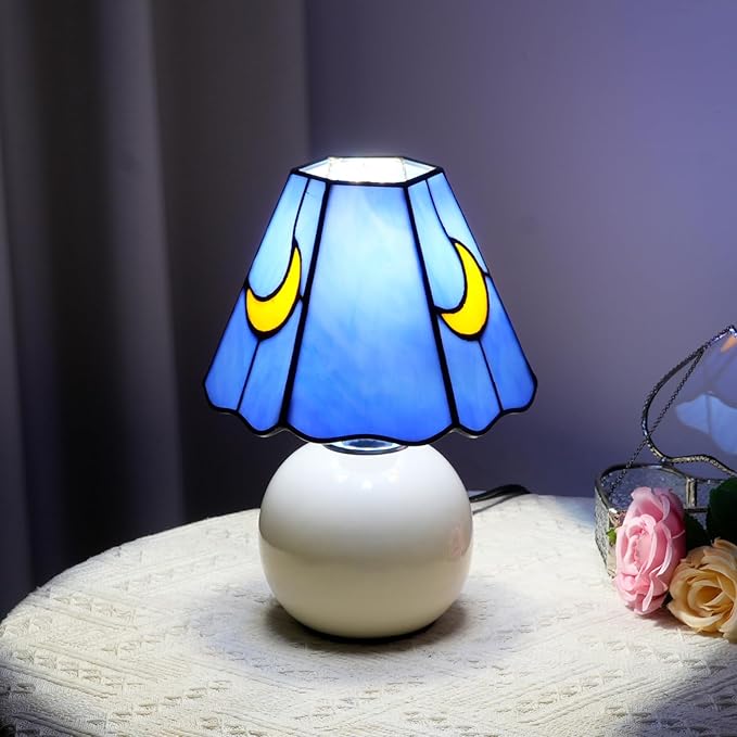 Mushroom Lamp Tiffany Stained Glass Moon lamp Cute Small Bedside Table Lamps for Living Room Home Decor,Girls Women Birthday Christmas Thanksgiving Day Gift,Blue