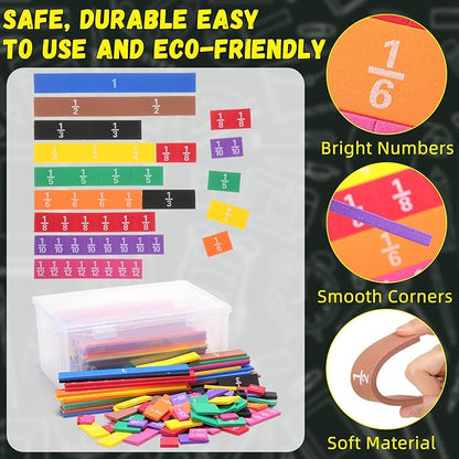 15 Sets Fraction Tiles Fraction Manipulatives for Preschool Elementary School Educational Math Learning Manipulatives for Teacher Bulk with Storage Box