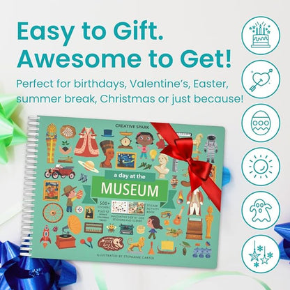 CUPKIN Sticker Book for Kids 2-4, 500+ Kids Stickers, A Day at The Museum 12 Coloring Pages 12 Side by Side Scenes, Fun Toddler Travel Activity Coloring and Sticker Books for Ages 4-8 + 8-10