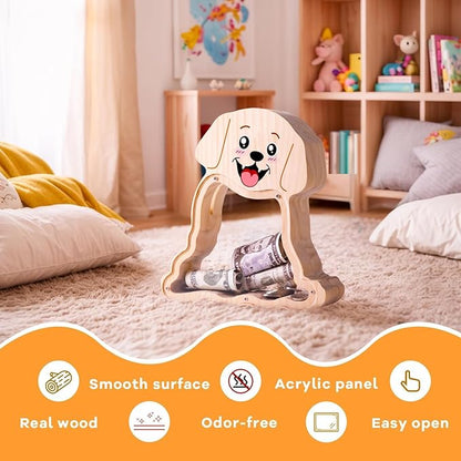 Wooden Dog Piggy Bank for Kids with Letter Sticker, Cute Labrador Wood Money Box, Unbreakable Coin Bank for Boys, Girls, Money Jar Personalizable Birthday Gift, Educational Toy for Kids