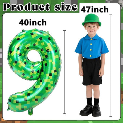40in Pixel Giant Number 9 Balloon Birthday Decorations, Miner Theme Green Foil Balloons Blast Gaming Party Supplies