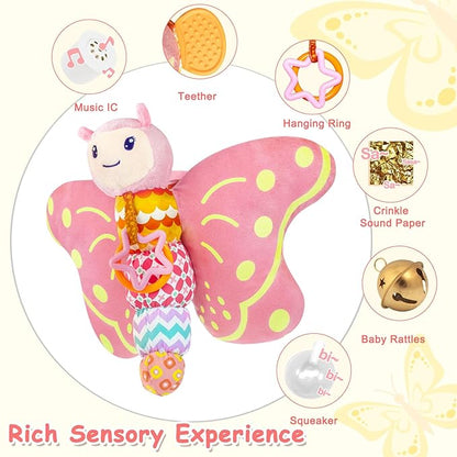 Baby Toys 0-6 Months,Infant Musical Sensory Stuffed Animal with Squeaker,Rattle,Crinkle Wings,Teether & Hanging Ring,Tummy Time Toy for Newborn 0-3-6-12 Months Boys & Girls Gift,Butterfly,Pink