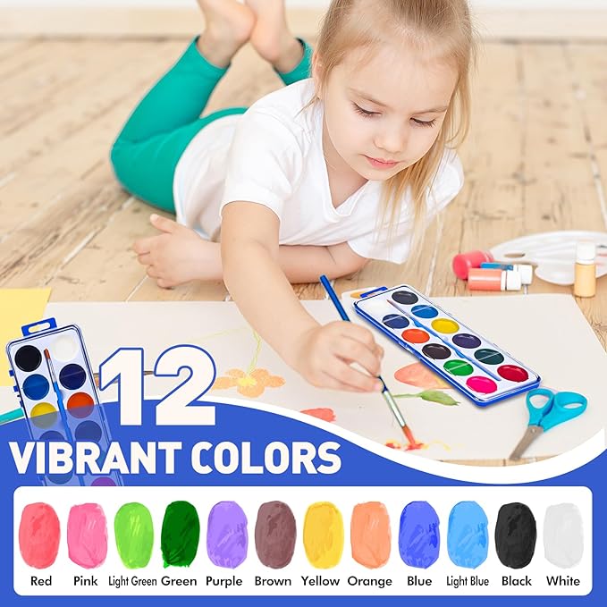 24 Pack Watercolor Paint Set for Kids, 12 Colors Watercolors Paints with Paint Brush, Kids Watercolor Paint Set for Party Favor, Classroom.