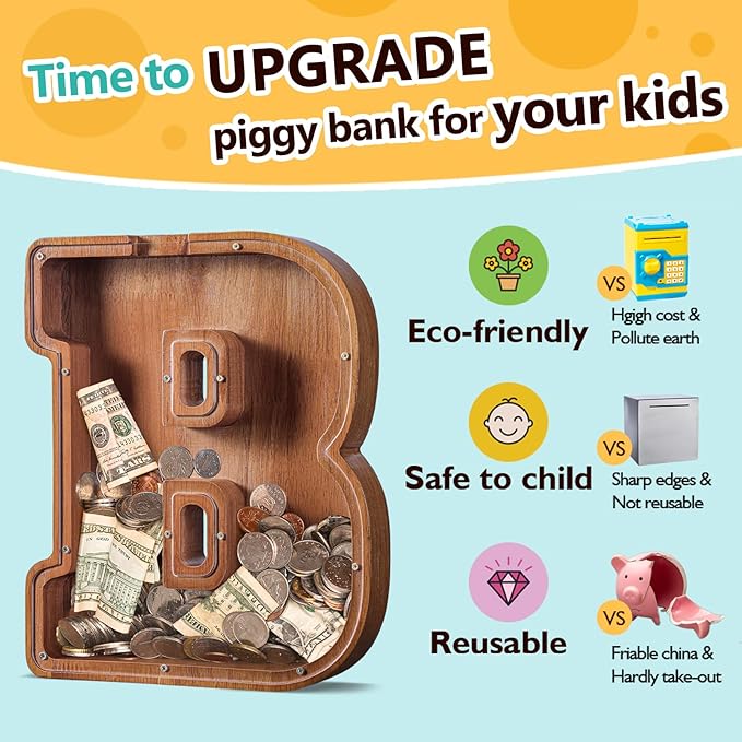 Summidate Customized Name Extra Large Wooden Piggy Bank for Kids Boys Girls Alphabets Letter A-Z Coins Bills Money Change Saving Box (Laser Engraved) Educational Toys 12"- Letter B