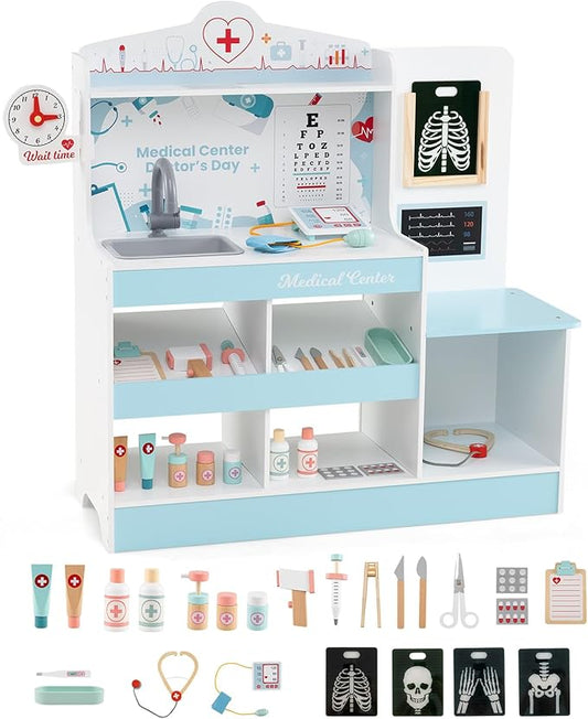 HONEY JOY Kids Wooden Doctor Play Set, 2 In 1 Checkup Medical Office Center & Vet Clinic Station, Exam Area & Interactive Accessories, X-Ray, Toddler Pretend Hospital Playset Kit for Boys Girls (Blue)