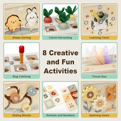 Joyreal 8-in-1 Montessori Tissue Box Toy for Baby 12 Months - Neutral Color Wooden Activity Cube for Boys and Girls First Birthday Gifts - Sensory Toy for Toddlers 1-3 Preschool Learning Education