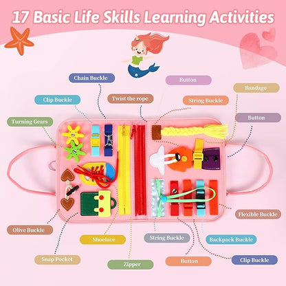 8 in 1 Toddler Busy Board for 1 Years Old, Montessori Toy Busy Book for Toddlers 1-3 Educational Learning Toy Activity for Basic Motor Skills, Kid Travel Essential 2-4 Yr Birthday Gift for Girl(Pink)