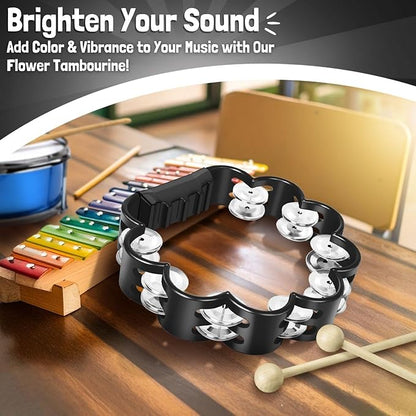 Flexzion Flower Tambourine - 8 Inch Handheld Percussion Instrument w/Metal Jingles & Ergonomic Grip - Small Tambourines for Adults, Kids, Church, Parties, & Musical Events (Black)