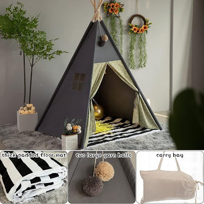 Teepee Tent for Kids Stripe Padded Mat Foldable Dark Tone Grey Play Tents for Girl and Boy with Carry Case Wooden Pole Printing Canvas Tepee Playhouse for Child Indoor Outdoor