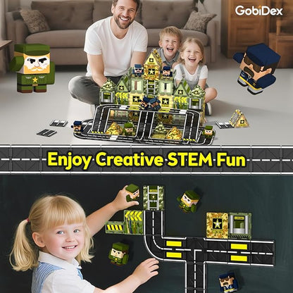 GobiDex 100PCS Army Magnetic Tiles Road Set, Military Magnetic Building Blocks with Toy Soldiers, STEM Construction Toys for Kids Ages 3-5 4-8, Christmas Birthday Gifts for 3+ Year Old Boys Girls