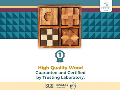 BSIRI Wooden Puzzle Box Set (4 Games) - Challenging Brain Teasers 3D Puzzles for Adults, Interlocking Games for IQ Test. Ideal for Rustic Patio Decor, Unique Gift for Christmas and Birthdays