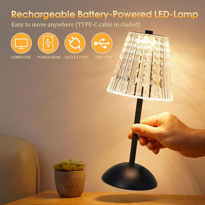 Cordless Touch Table Lamp, 3500mAh LED Rechargeable Small Dask Lamp, 3 Colors Dimmable Battery Operated Crysta Lamp for Bedroom Restaurant Kitchen Home Decor, Black