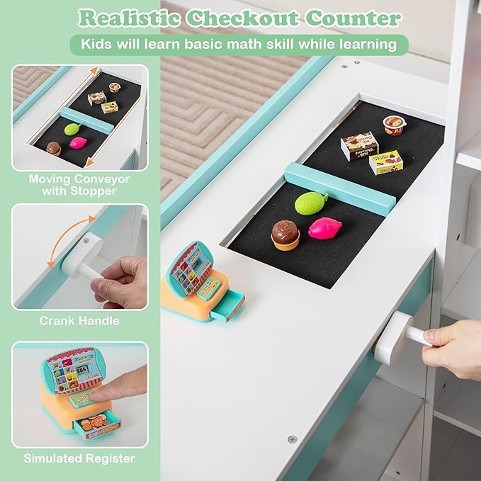 HONEY JOY Kids Grocery Store Playset, Wooden Supermarket Playset w/Cash Register & Working Conveyor, Checkout Counter Stand w/Lights, Food, Grocery Store Pretend Play for Toddler Boys Girls(White)