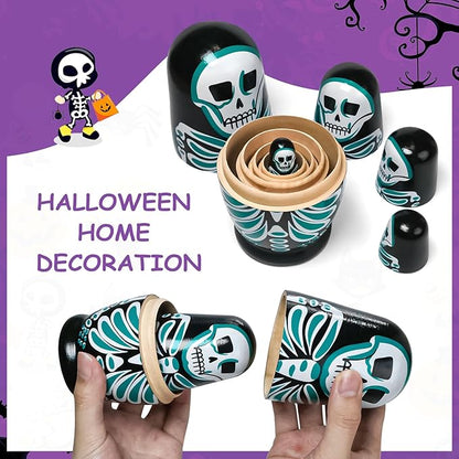 Nesting Skulls, 5 Pcs Handmade Wooden Russian Stacking Dolls, Home Halloween Decoration Gift