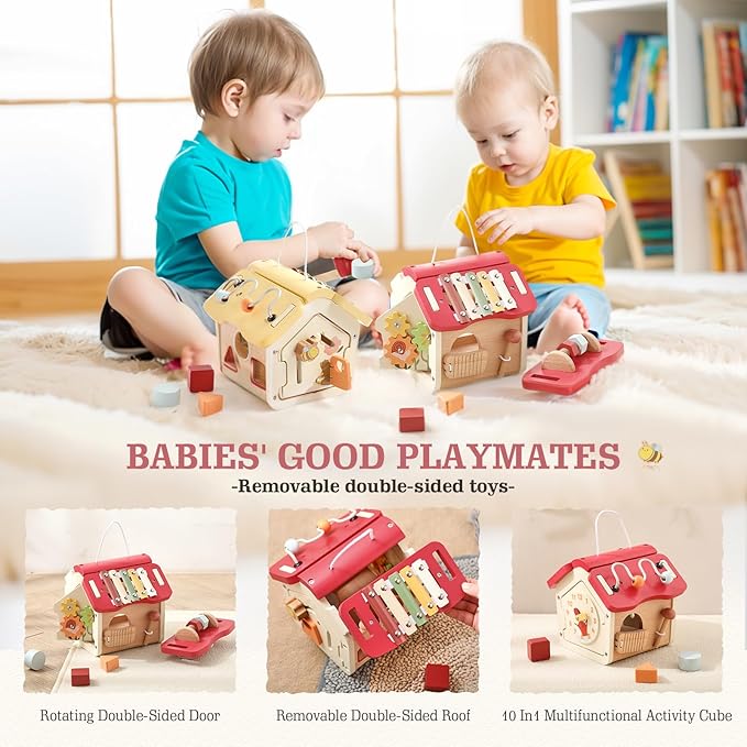 let's make Wooden Activity Cube 10-in-1 Montessori Toys Multi-Functional House Educational Toys Sensory Learning Activity Cube for Toddlers Babies 1st Birthday Gift