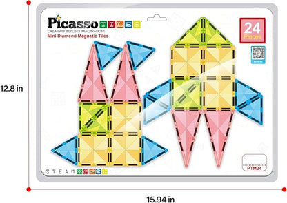 PicassoTiles Magnetic Tile 24pc Mini Diamond Magnetic Building Blocks Set Travel Size STEM Educational Construction Toy Portable Hands On Learning Creative Open Ended Play for Kids Ages 3 Plus PTM24