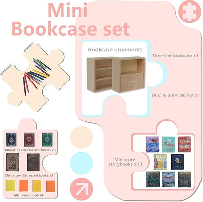 1:12 Scale Dollhouse Bookshelf Set - 2 Mini Wooden Bookshelves, 100+ Blank Mini Books & Art Studio Accessories for Creative Educational Gift for Kids, Collectors (Dollhouse Furniture & Accessories)