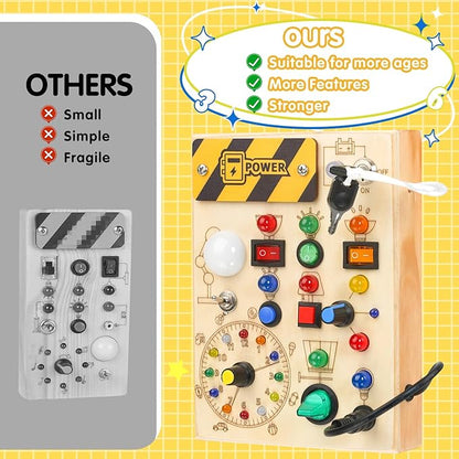 Montessori Busy Board Toys: Wooden Sensory Toy for Toddler with LED Light Up Switch, Educational/Christmas/Birthday Gifts for 1-3 Year Old Boys & Girls